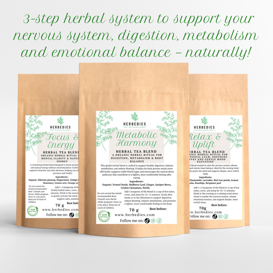 3-STEP STRESS & DIGESTION REGULATION SYSTEM (Herbal Ritual Set) A structured 3-step daily herbal system designed to calm the nervous system, improve digestion and release stress from the body — so you feel lighter, clearer and more regulated.