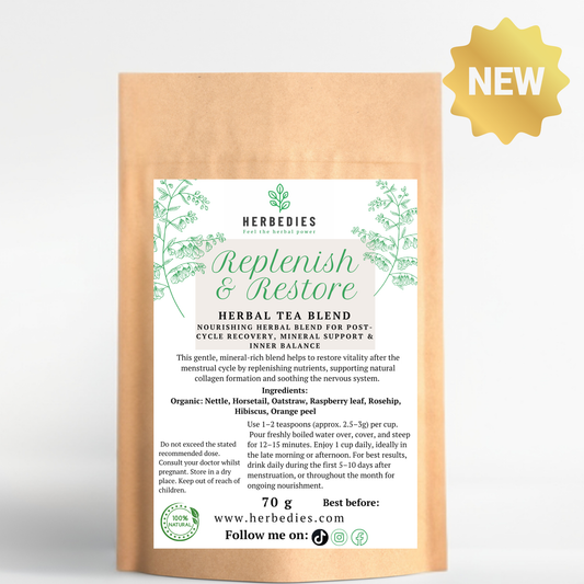 Post-Period Replenishment & Energy (REPLENISH & RESTORE) Rebuilds minerals, restores energy and nourishes the body after menstruation — ideal for women who feel depleted, drained or “flat” post-cycle.