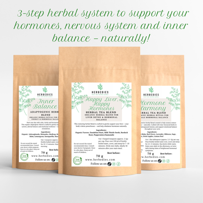 3-STEP HORMONE BALANCE SYSTEM (Herbal Ritual Set) A complete 3-step herbal system designed for women who want structured support for PMS, perimenopause or hormonal overwhelm — without guessing which tea to choose.