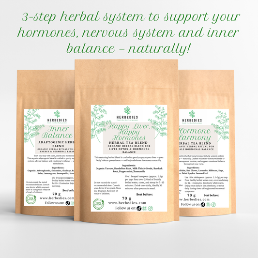 3-STEP HORMONE BALANCE SYSTEM (Herbal Ritual Set) A complete 3-step herbal system designed for women who want structured support for PMS, perimenopause or hormonal overwhelm — without guessing which tea to choose.