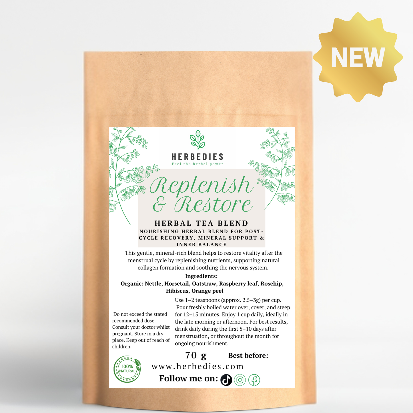 Post-Period Replenishment & Energy (REPLENISH & RESTORE) Rebuilds minerals, restores energy and nourishes the body after menstruation — ideal for women who feel depleted, drained or “flat” post-cycle.