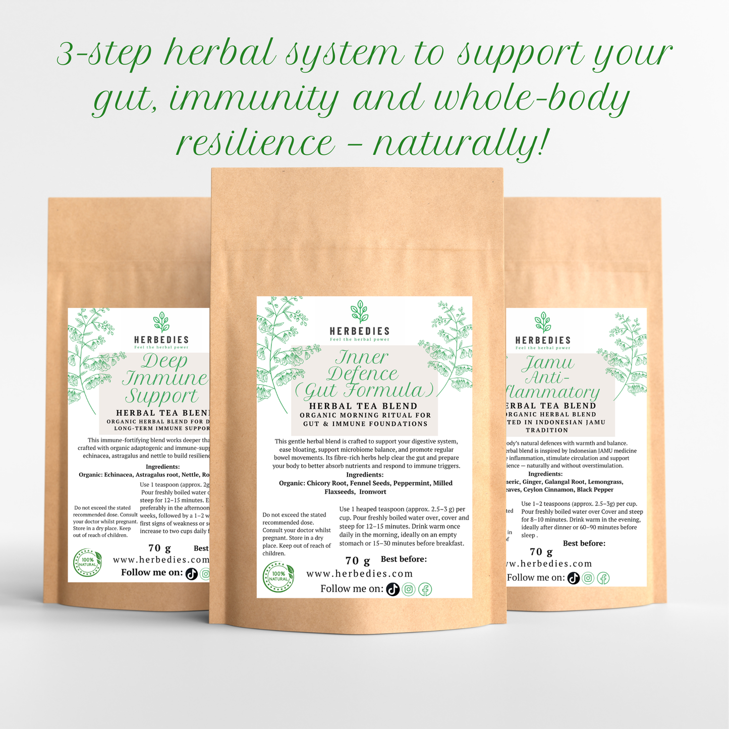 3-STEP GUT & IMMUNE RESILIENCE SYSTEM (Herbal Ritual Set) A structured 3-step herbal system that strengthens the gut barrier, fortifies immunity and reduces inflammation — for women who catch colds easily or feel run down.