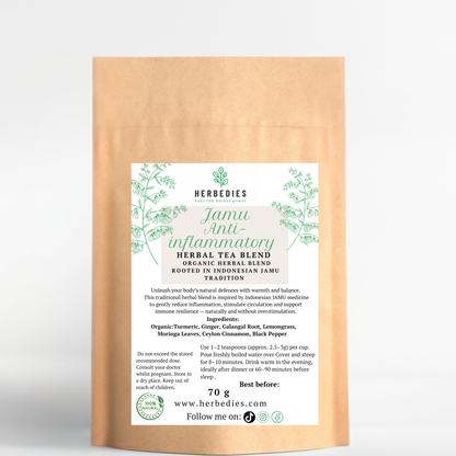 Anti-Inflammatory & Gut Soothe (JAMU ANTI-INFLAMMATORY) Reduces inflammation, soothes the gut and supports digestion — ideal for women dealing with bloating, joint pain or chronic inflammation.